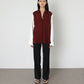 Model wears Issue Twelve Ester Shirt in Burgundy Wool Silk